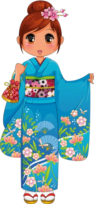 Animated Girlin Blue Kimono PNG image