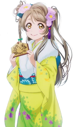 Animated Girlin Green Kimonowith Fan PNG image