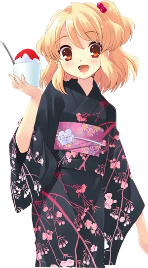 Animated Girlin Kimonowith Dessert