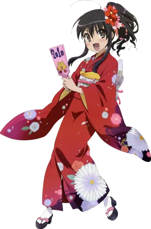 Animated Girlin Red Kimono PNG image