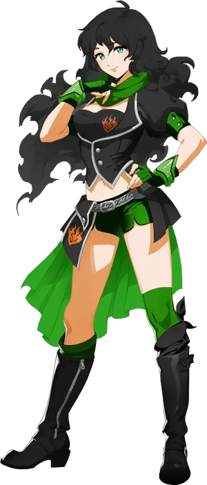 Animated Girlwith Long Black Hairand Green Outfit