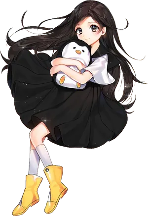 Animated Girlwith Penguin Plushieand Yellow Boots PNG image