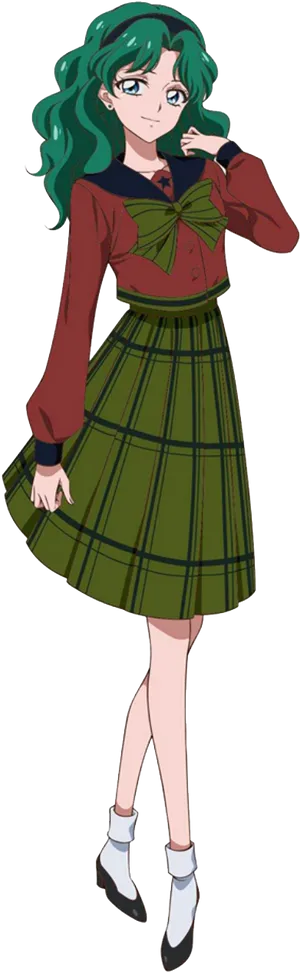 Animated Green Haired Girlin School Uniform PNG image
