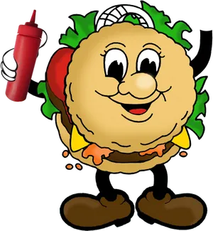 Animated Hamburger Character_ Holding Ketchup Bottle PNG image