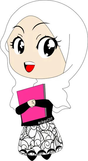 Animated Hijab Character Holding Book PNG image
