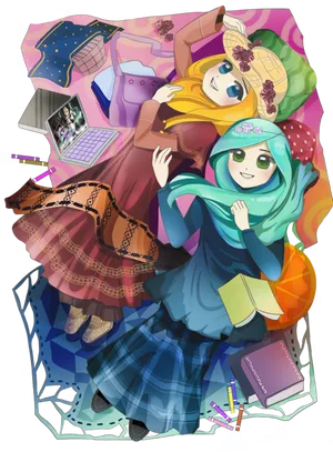 Animated Hijab Friends Studying Together PNG image