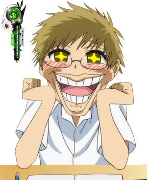 Animated Laughing Boy Resting Chinon Hands PNG image