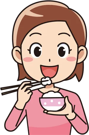 Animated Woman Eating Rice With Chopsticks PNG image
