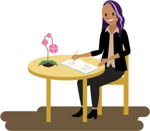 Animated Woman Writingat Desk PNG image