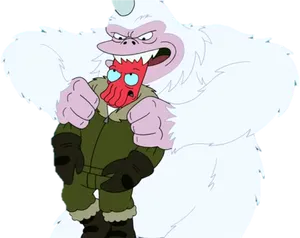 Animated Yeti Character Holding Red Mask