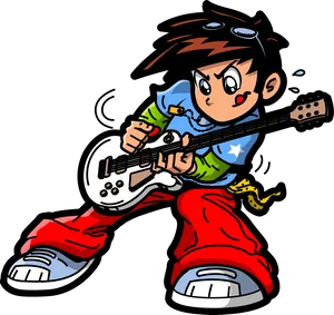 Animated Young Rockstar Playing Guitar PNG image