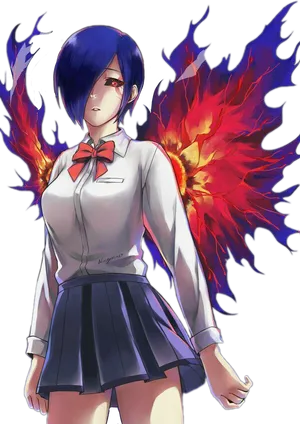 Anime Girl With Blue Hairand Flaming Wings PNG image