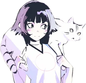 Anime Girl With Cat And Blush PNG image