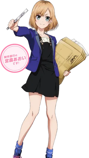 Anime Girl With Documents And Pen PNG image