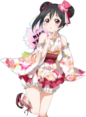 Anime Girlin Floral Kimono Fan Art PNG image