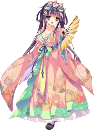 Anime Girlin Traditional Dresswith Fan PNG image
