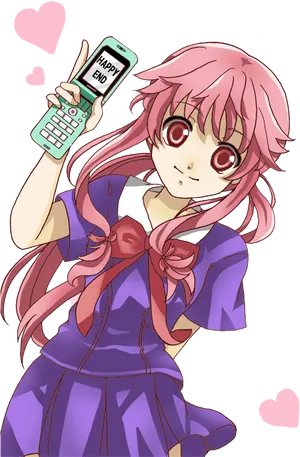 Anime Girlwith Cellphone Happy End PNG image