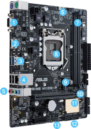 Annotated A S U S P R I M E H110 M P Motherboard PNG image