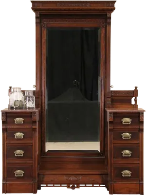 Antique Wooden Dressing Table With Mirror PNG image