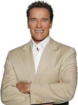 Arnold Schwarzenegger Beige Suit Portrait PNG image