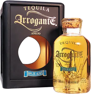 Arrogante Anejo Tequila Bottleand Box PNG image