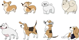 Assorted Cartoon Dog Breeds Illustration PNG image
