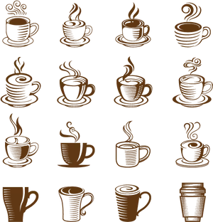 Assorted Coffee Cup Designs Pattern PNG image