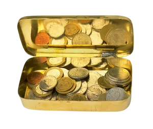 Assorted Coinsin Gold Tin Box PNG image