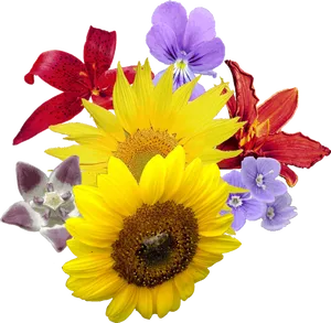 Assorted Flowersand Bee Composition PNG image