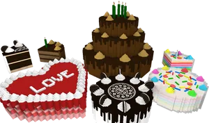 Assorted Themed Cakes3 D Render PNG image