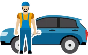 Auto Mechanic With Wrenchand Car PNG image