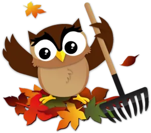 Autumn Owl Raking Leaves PNG image