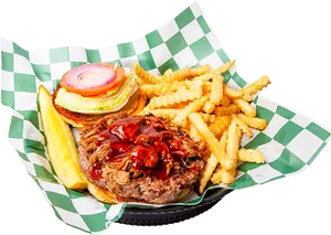 B B Q Burgerand Fries Platter PNG image