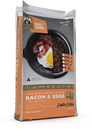 Baconand Eggs Dog Food Packaging PNG image