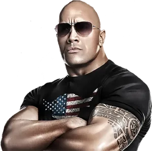 Bald Manwith Sunglassesand Flag Shirt PNG image