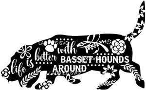 Basset Hound Silhouette Floral Design PNG