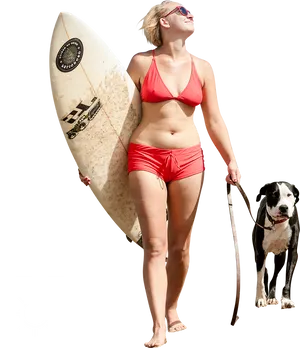 Beach Ready Womanwith Surfboardand Dog PNG image