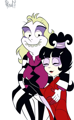 Beetlejuiceand Lydia Cartoon Embrace PNG image