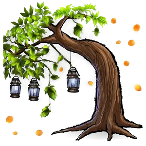 Big Tree With Hanging Lanterns PNG Qrc PNG