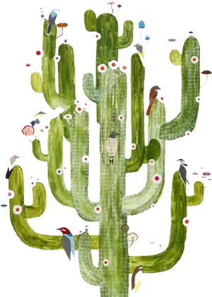 Birds Perchedon Saguaro Cactus Illustration PNG image
