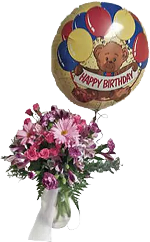 Birthday Bear Balloonand Flower Bouquet PNG image