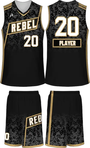 Black Gold Rebel Basketball Uniform PNG image
