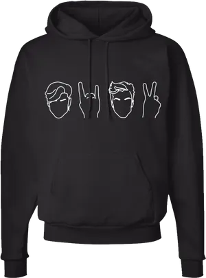 Black Hoodiewith White Face Outlinesand Hand Signs PNG image