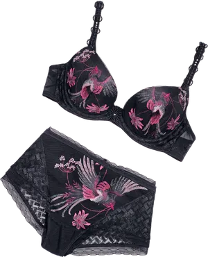 Black Pink Embroidered Lingerie Set PNG image