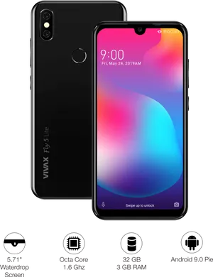 Black Smartphone Win Max Fly5 Lite Features PNG image