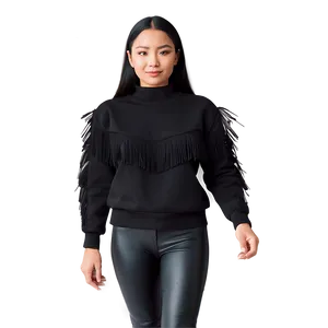 Black Sweatshirt With Fringe Trim PNG 79