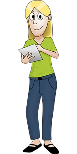 Blonde Cartoon Woman Holding Tablet
