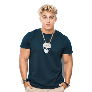Blonde Manin Black Shirtwith Skull Necklace PNG