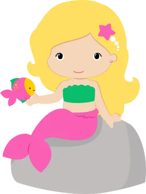 Blonde Mermaid With Fish Friend Clipart PNG image