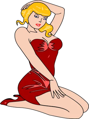 Blonde Pinup Red Dress Illustration PNG image